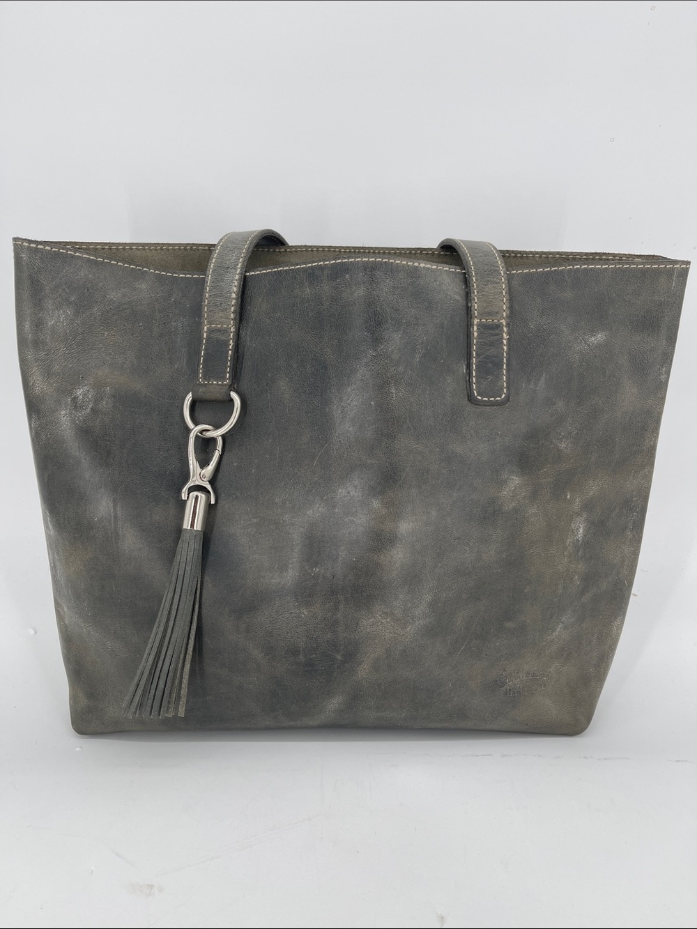 Coblentz Handmade Distressed Gray Leather Tote With Decorative Tassel